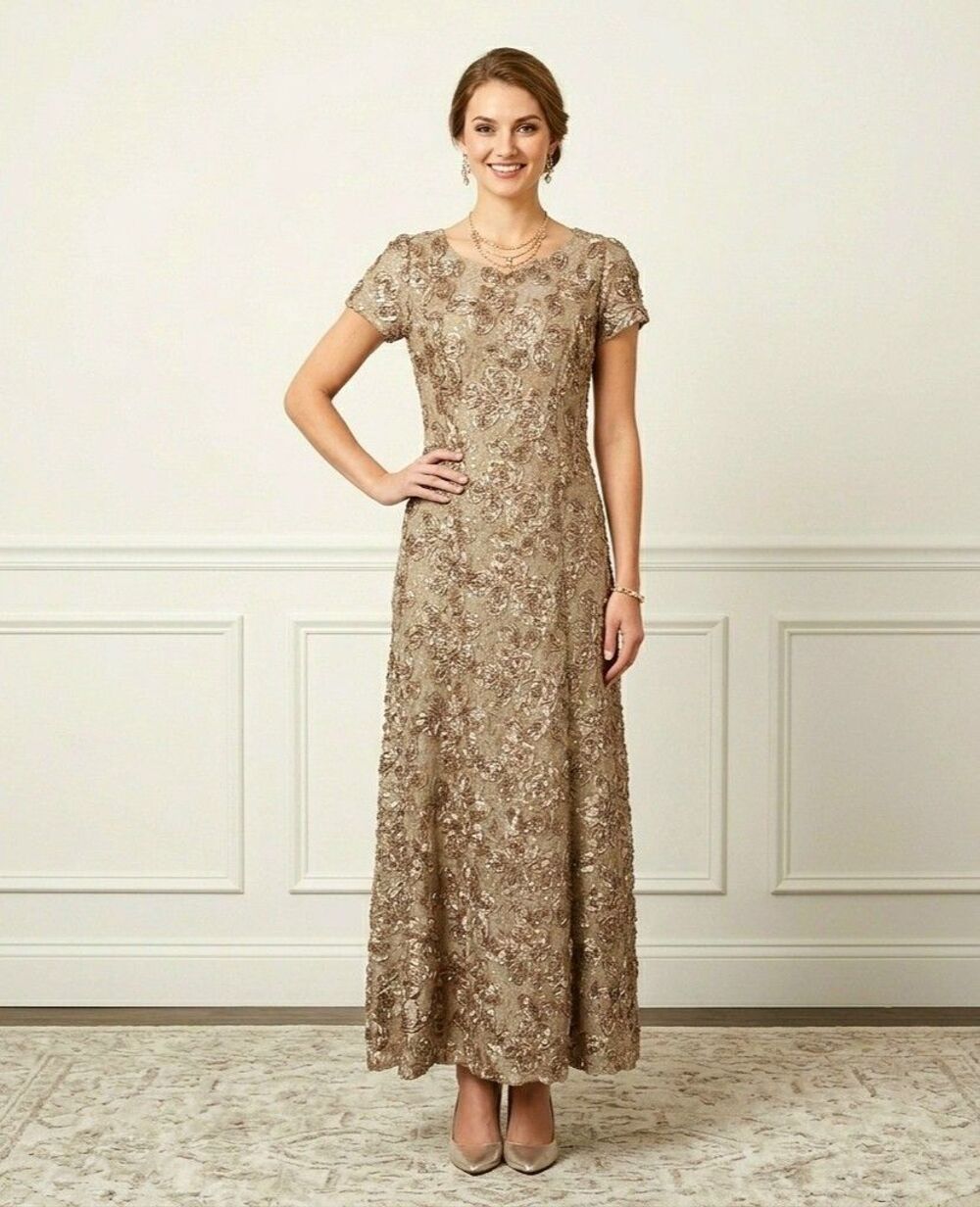 Alex Evenings Taupe Floral Rosette Sequin Lace Gown Dress Women's Size 6 Formal